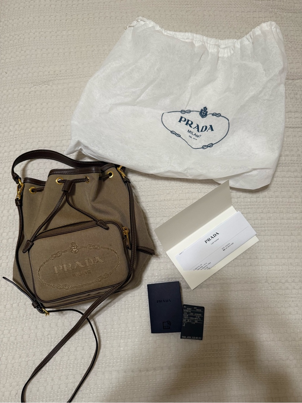 Prada Taupe Canvas and Dark Brown Leather Crossbody Bucket Bag